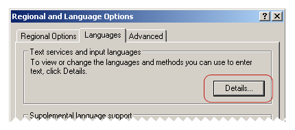 Languages tab (Regional and Language Options)